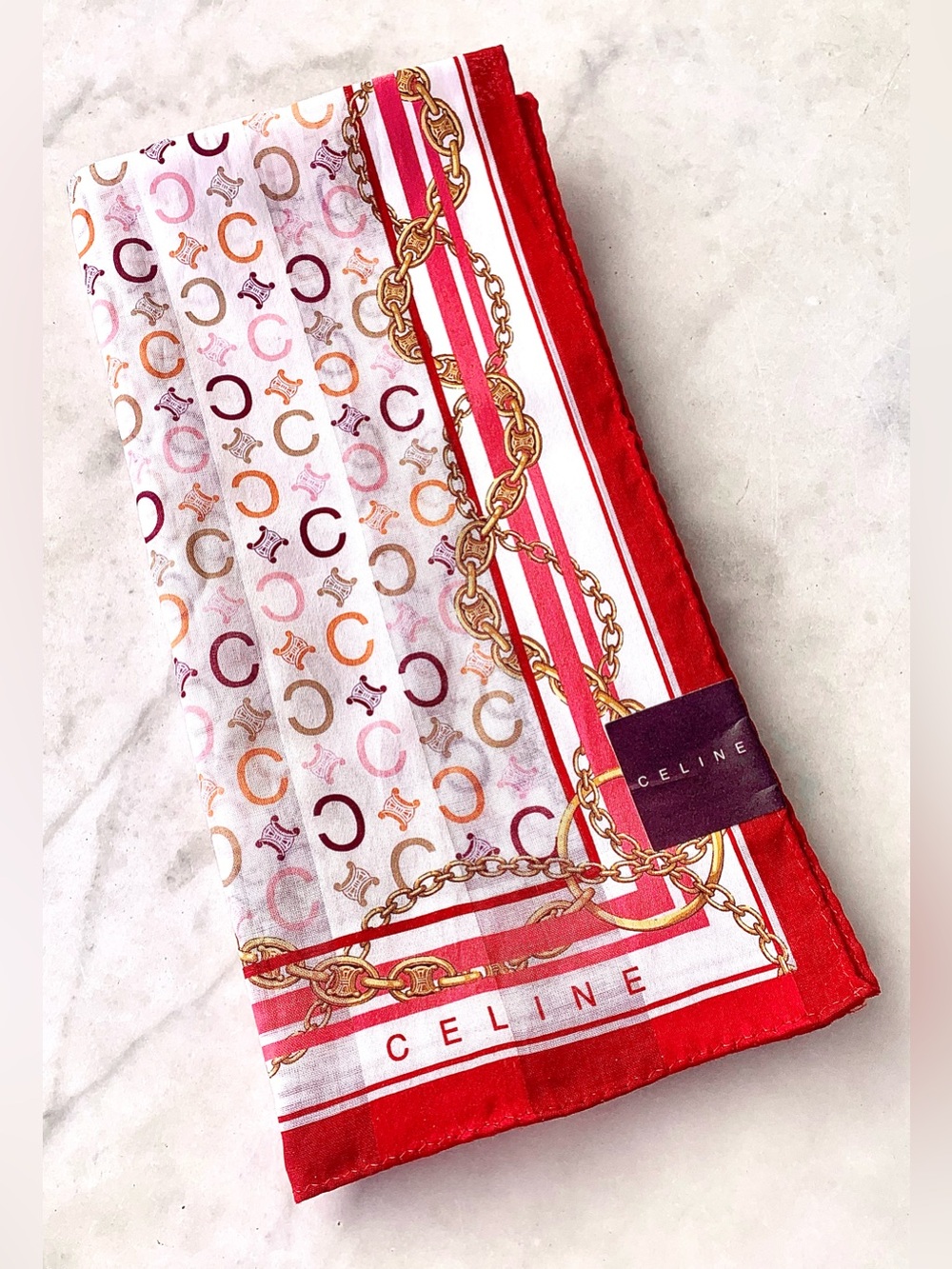 CELINE MACADAM MONOGRAM SCARF Red, Pink & Gold Chain COTTON NEW VINTAGE 90s 19IN